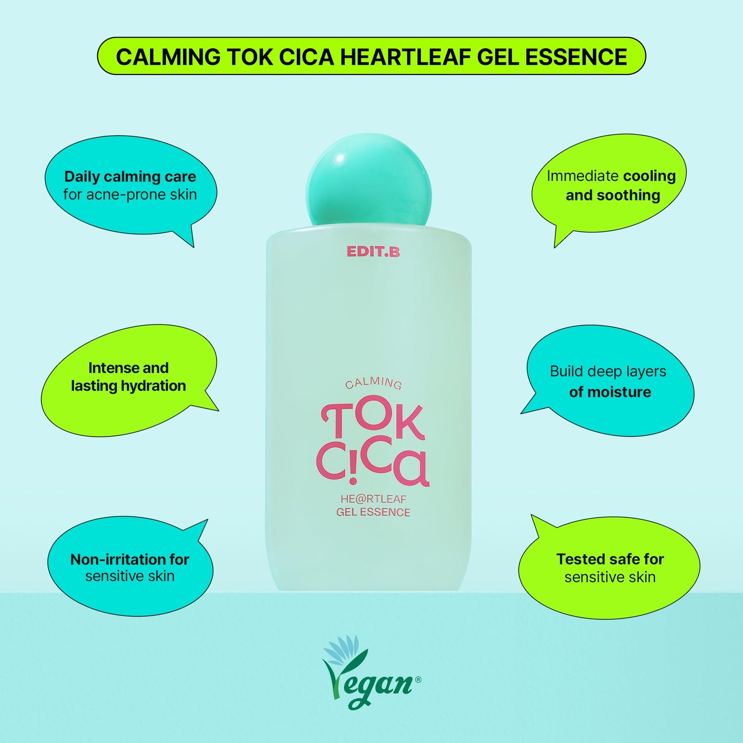 EDIT.B Calming Tok Cica Heartleaf Gel Essence, Cooling & Hydrating Facial Essence for Sensitive Skin, Lightweight Soothing & Relief Moisturizer, Korean Daily Skin Care (6.76 fl.oz / 200ml)