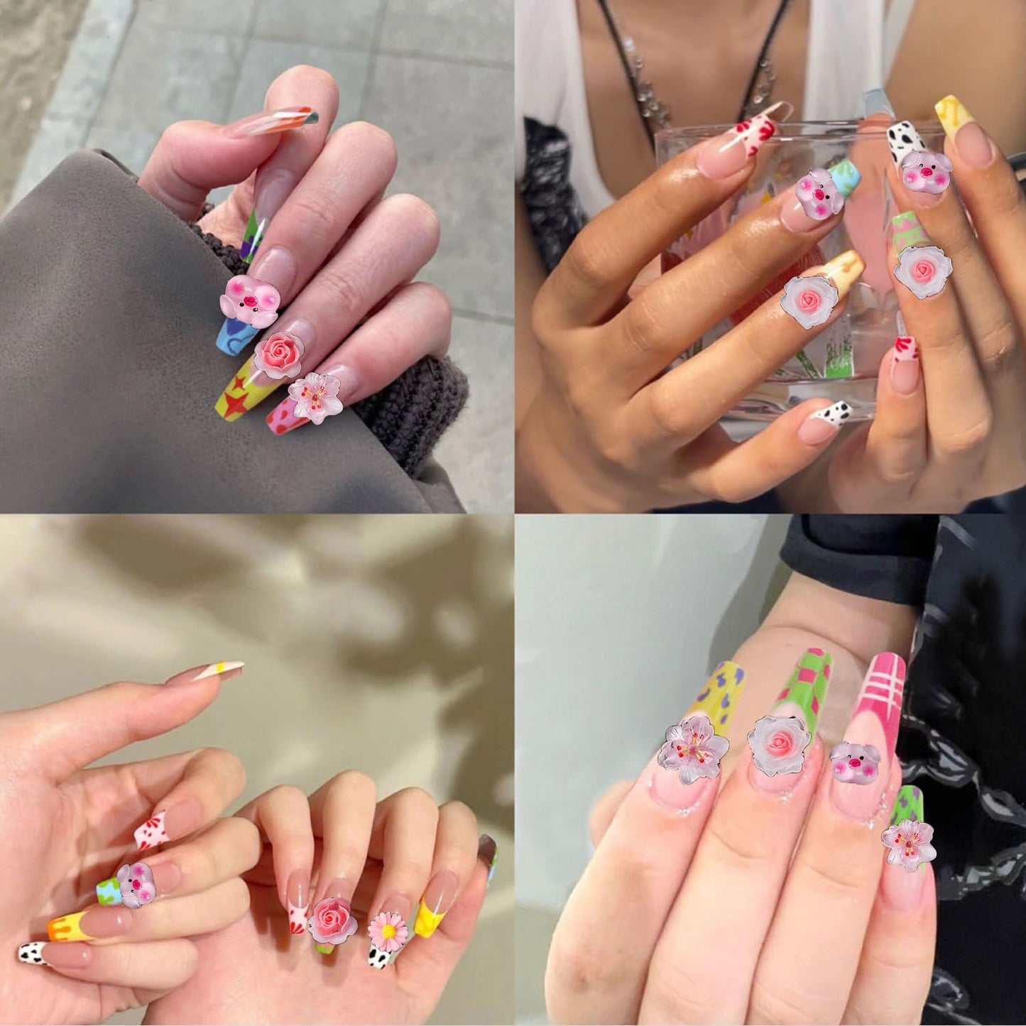 COOSLIM 150pcs Cute & Sweet 3D Animal Nail Charms for Acrylic Nails, Flower Bear Butterfly Animal Shape Charms for Nail, Perfect for Nail Art Decorations & DIY Accessories Crafts（Pink