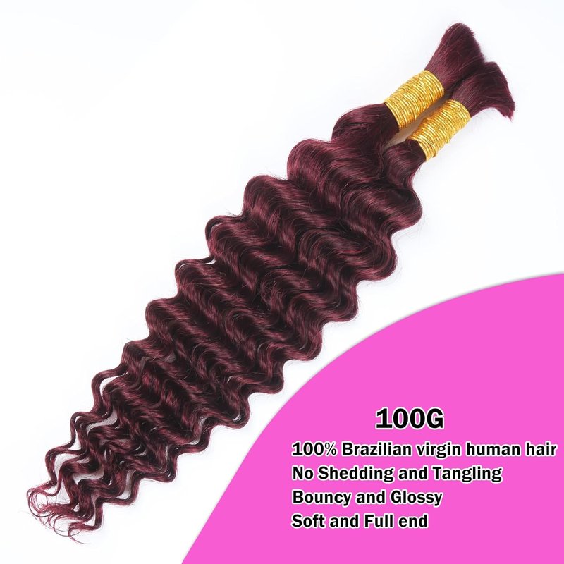 Human Braiding Hair - Deep Wave Curly Bulk Extensions for Boho Braids | 22 Inch Burgundy 100g Brazilian Virgin Hair