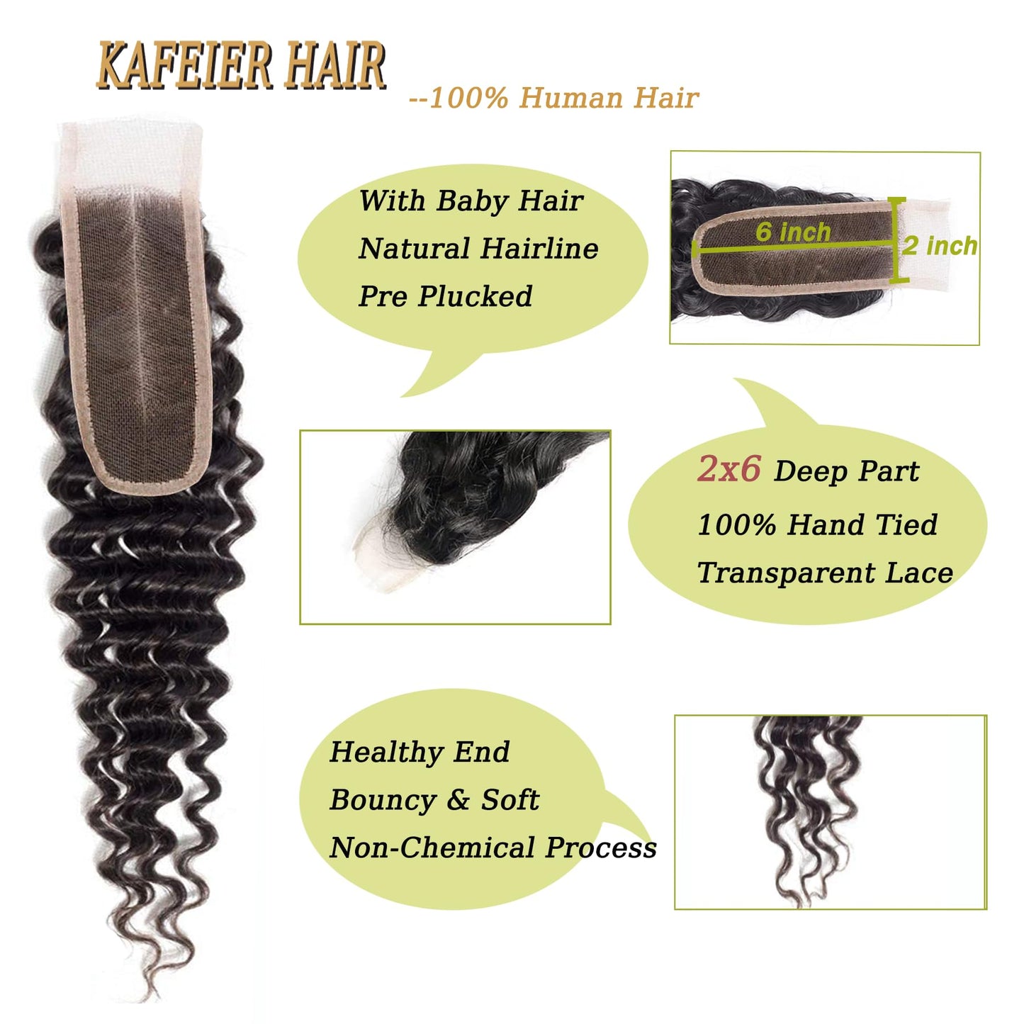 2x6 Deep Wave Closure Brazilian 100% Unprocessed Human Virgin Hair Deep Wave Hd 2x6 Lace Closure Natural Hairline With Baby Hair Wet And Wavy Color Black 16 Inch