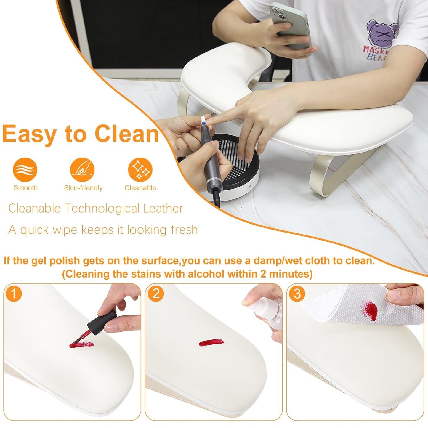 U-Shaped Manicure Arm Rest Stand - Cleanable Leather Nail Hand Rest Pillow for Acrylic Nails | White