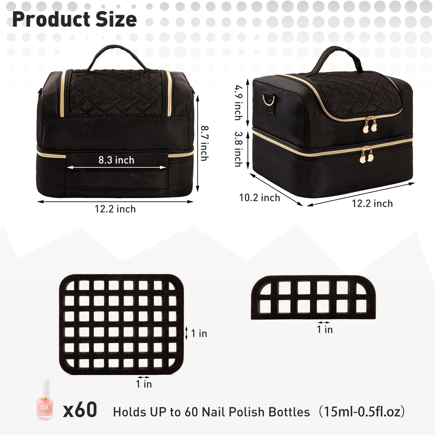 Nail Polish Organizer Bag, Nail Polish Storage Organizer Holds 60 Bottles & Nail Lamp Nail Polish Holder Travel Carrying Case Case Gel Nail Tech Organizer Storage Bag for Nail Supplies (Black)