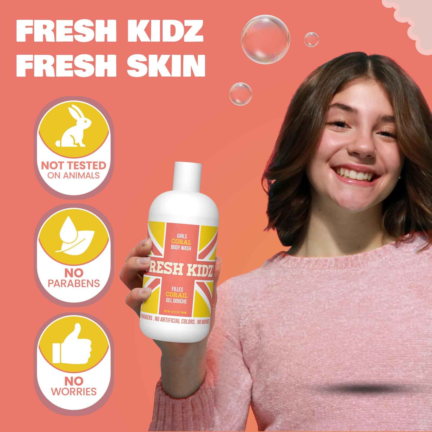Fresh Kidz Body Wash 16.9 fl.oz. and Stick Deodorant 2.65 oz for Kids and Teens - Girls "Coral" Set