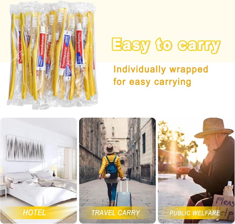 Disposable Toothbrushes with Toothpaste - Bulk Pack of 100 | Individually Wrapped Travel Kits for Hotels & Charities