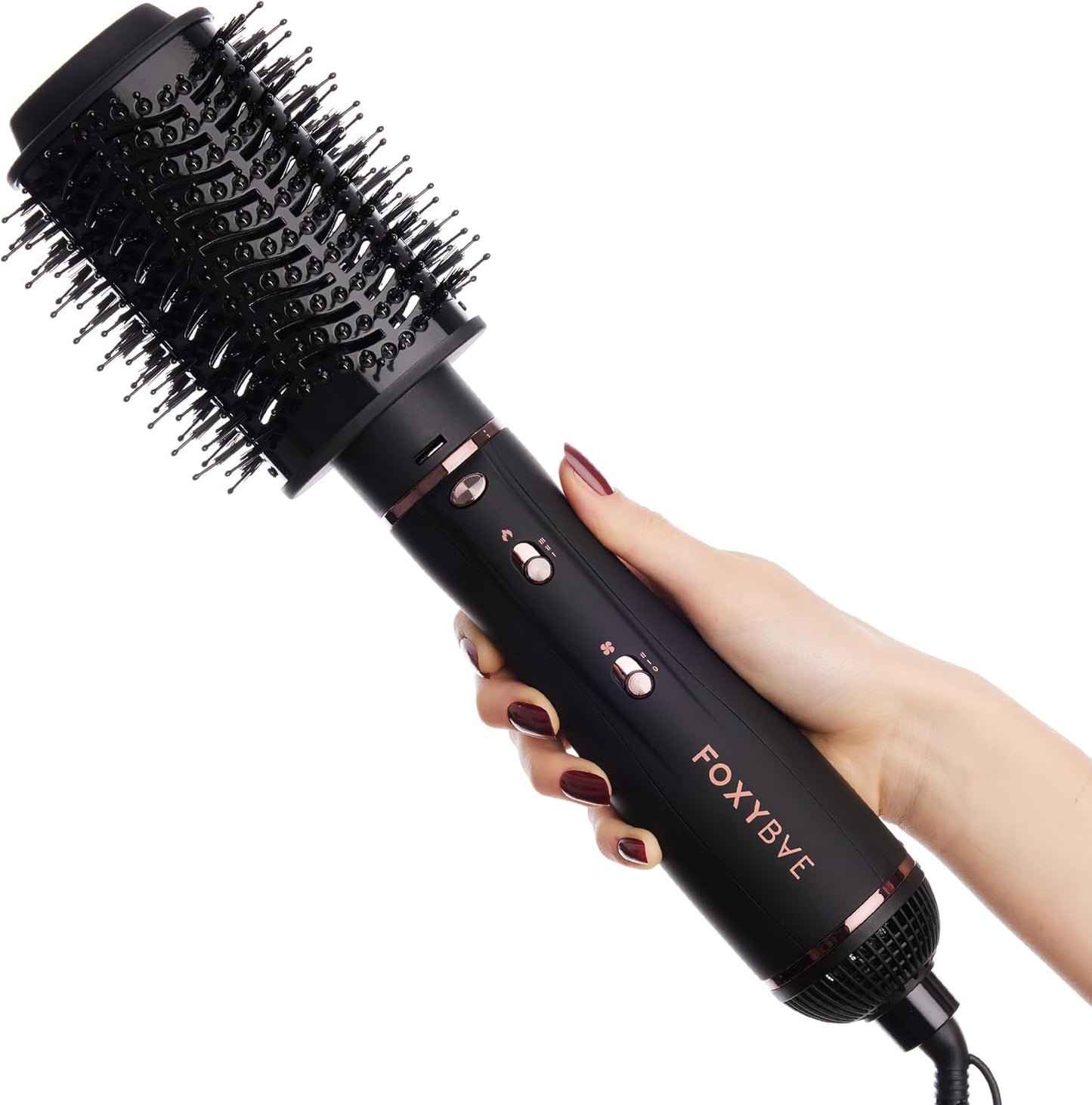 Foxybae 4-in-1 Blow-Dryer Brush Set - Curling Barrel & Diffuser for Frizz-Free Hair | Black Rose-Gold