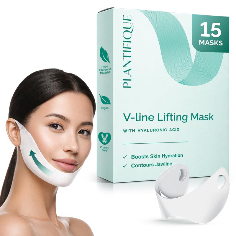 PLANTIFIQUE V-Line Chin Lifting Mask, 15 PCS - Double Chin Strap with Hyaluronic Acid & Aloe Vera - Jawline Shaping, Neck Firming and Tightening
