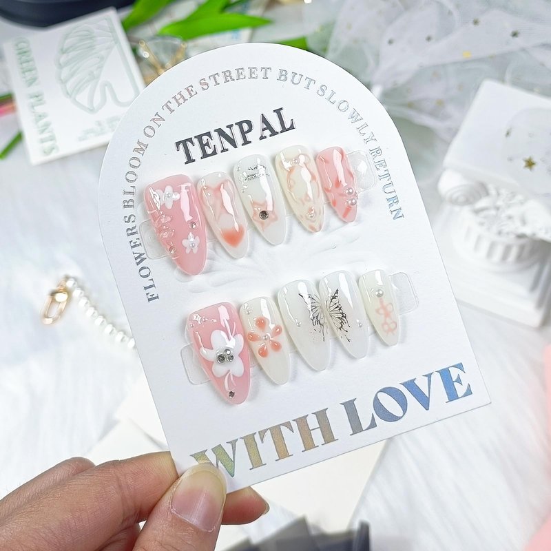 TENPAL Handmade Press on Nails Medium Almond Pink Acrylic Nails with Hand Painted Versatile Floral Bow Tie Designs Full Cover Reusable Fake Nails Press Ons 10pcs/box Glossy Glue on Nails(M)