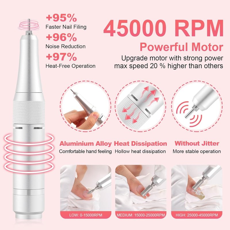 Electric Nail Drill Machine - 45000RPM Rechargeable Portable Kit with Smart LCD Screen | Gel Nail Manicure & Pedicure (White)