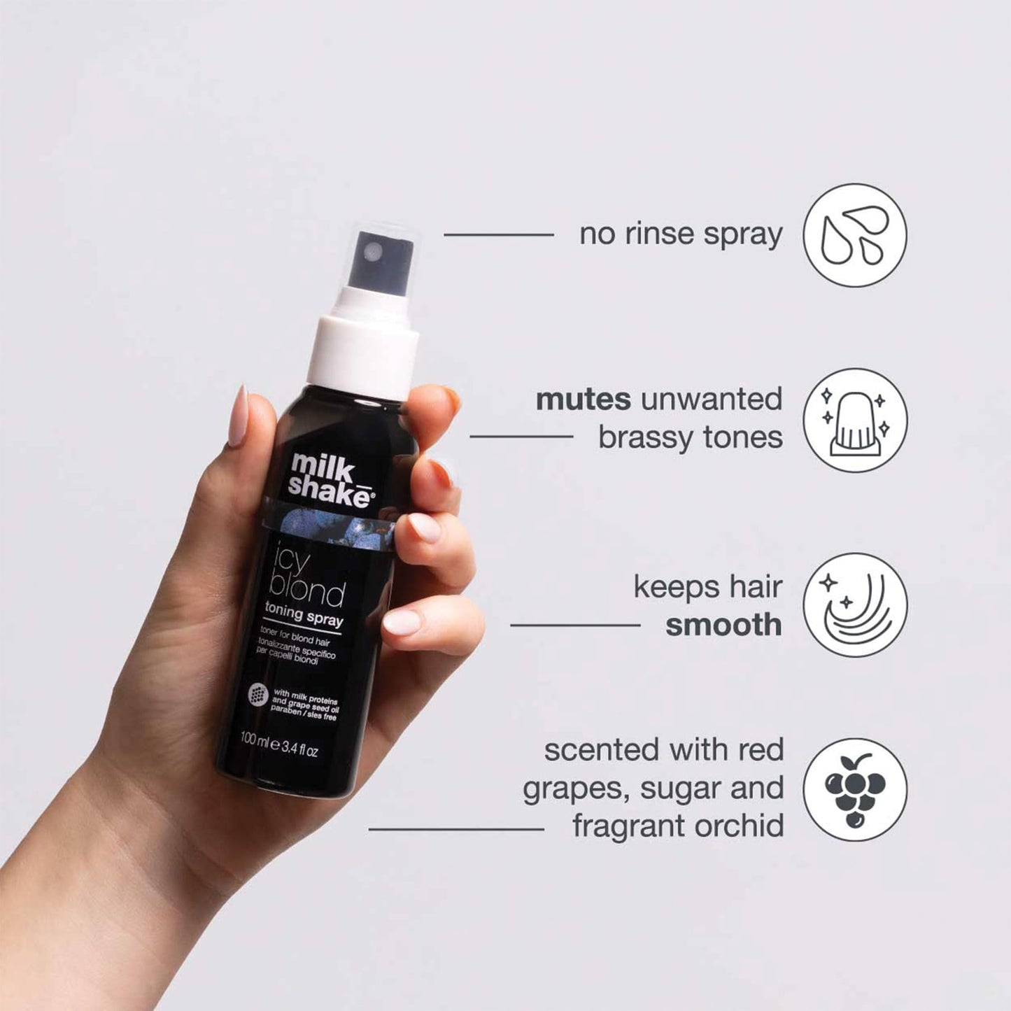 milk_shake icy blond toning spray | leave-in toner with black pigment to cool brass and refresh icy tones in platinum blonde hair | adds softness, shine, and detangling | 3.4 fl oz / 100 mL
