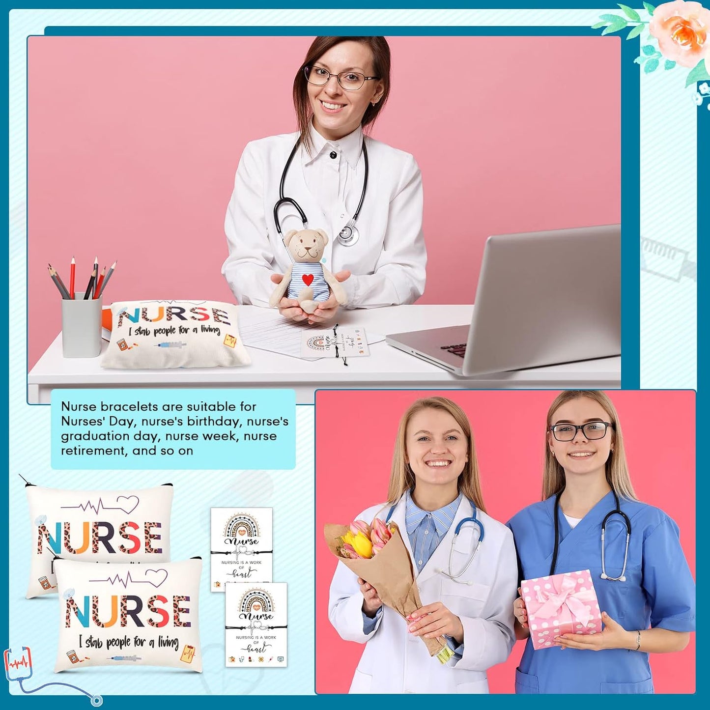 Nurse Appreciation Gift Set - 32 Pcs Canvas Makeup Bags & Blessing Card Bracelets | Perfect for Nurse Week & Christmas