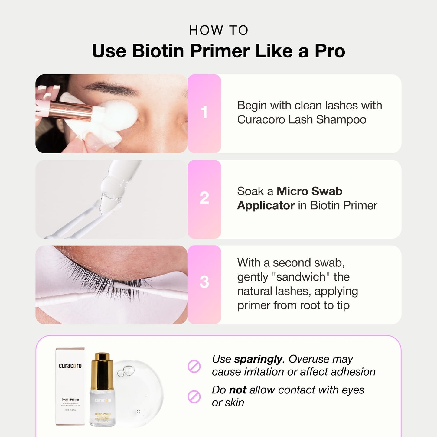 Curacoro Biotin Lash Primer for Lash Extensions, Removes Oils & Residue, Accelerates Glue Curing, Longer Retention (15ml)
