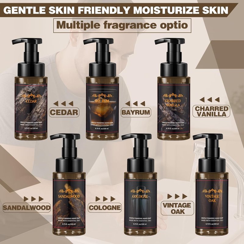 Men's Foaming Hand Soap - 6 Pack Moisturizing Liquid Foam | Cedar, Sandalwood, Bay Rum, Charred Vanilla, Vintage Oak