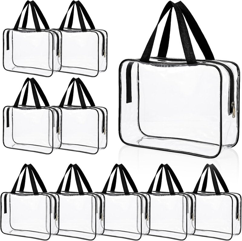 Large Clear Makeup Bag - 10 Pack Travel Toiletry Zipper Pouch | PVC Cosmetic Organizer with Handle