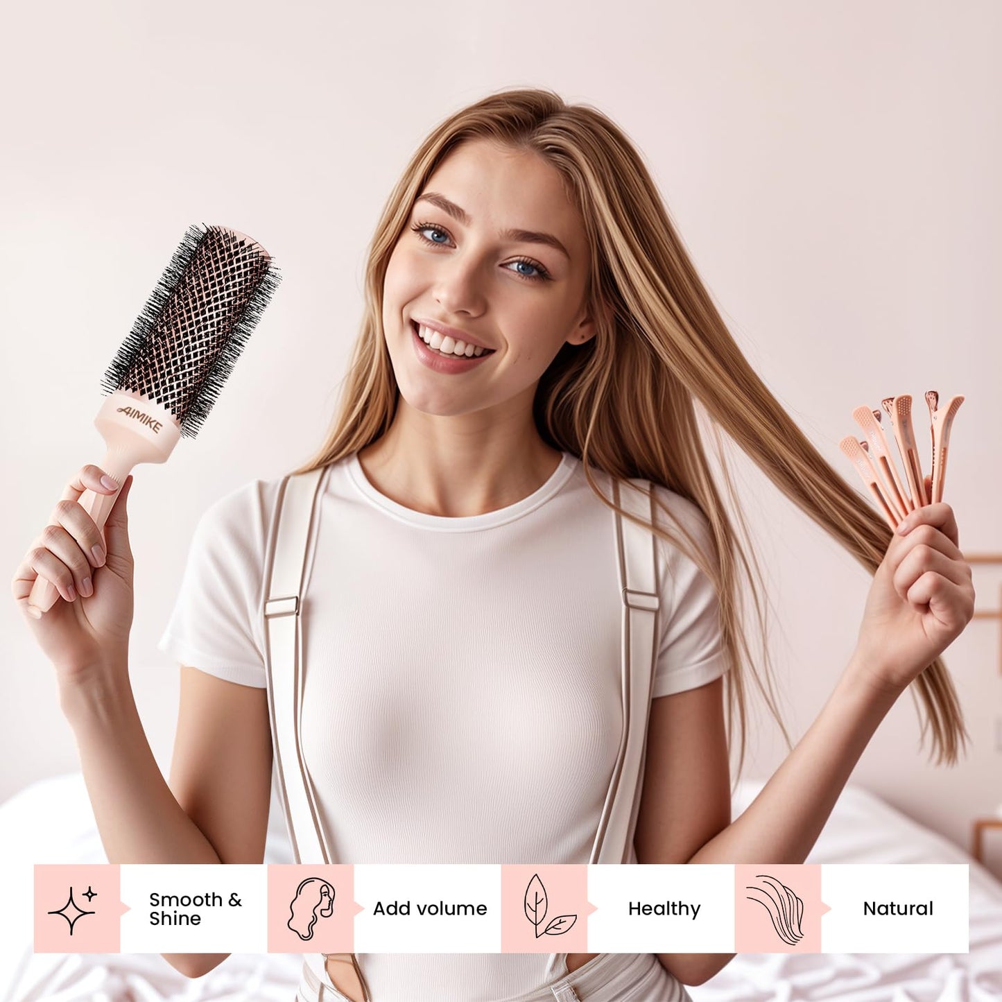 AIMIKE Round Brush for Blow out, Rose Luxe Extra-Long Round Hair Brush Ionic & Nano Thermal Ceramic Tech, for Blow Drying & Styling Volumizing Thick Long Hair, with 4 Clips (Barrel 2.1", Bristle 3")
