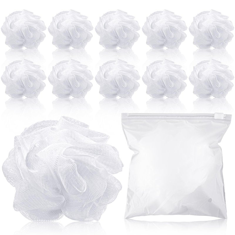 Funnymoom 12 Pcs Travel Size Loofah Individually Wrapped, Small Shower Puff Bath Sponge Pouf Ball Bulk Mesh Bath Puff Mini Loofah Sponge with Case Bulk for Shower Care (25g,White)