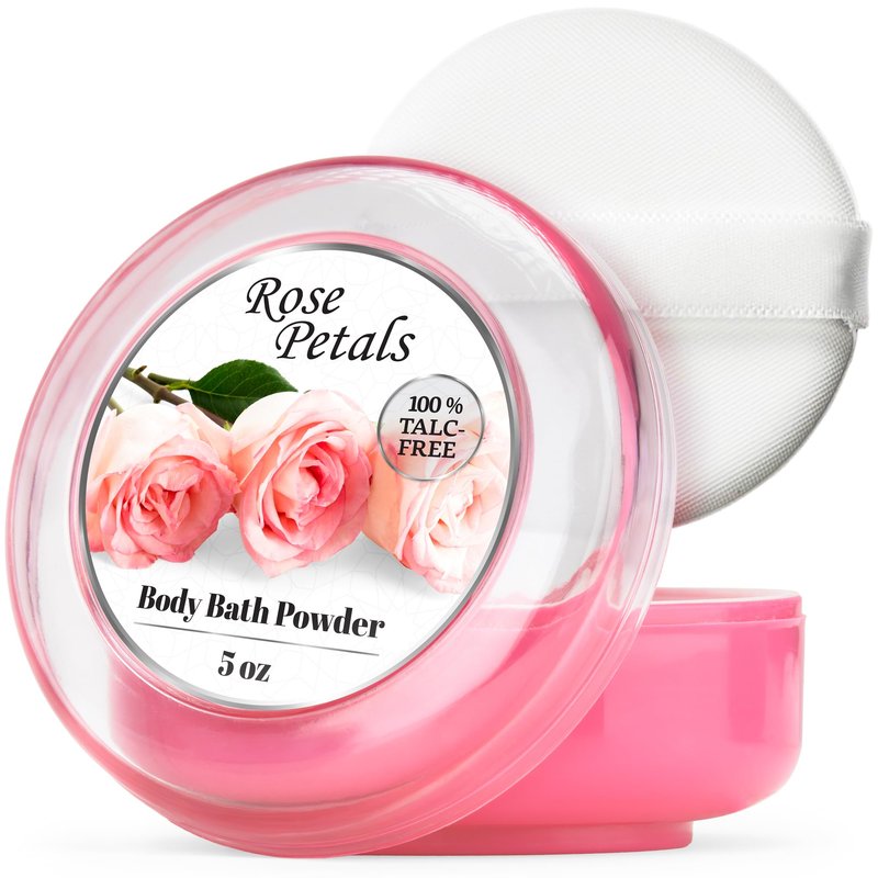 R-NEU Body Powder for Women with Powder Puff, 100% Talc-Free, Elegant Rose Petals Scented Dusting Powder, After Bath for Soft Skin, Extra Large, 1 Pack (5oz)