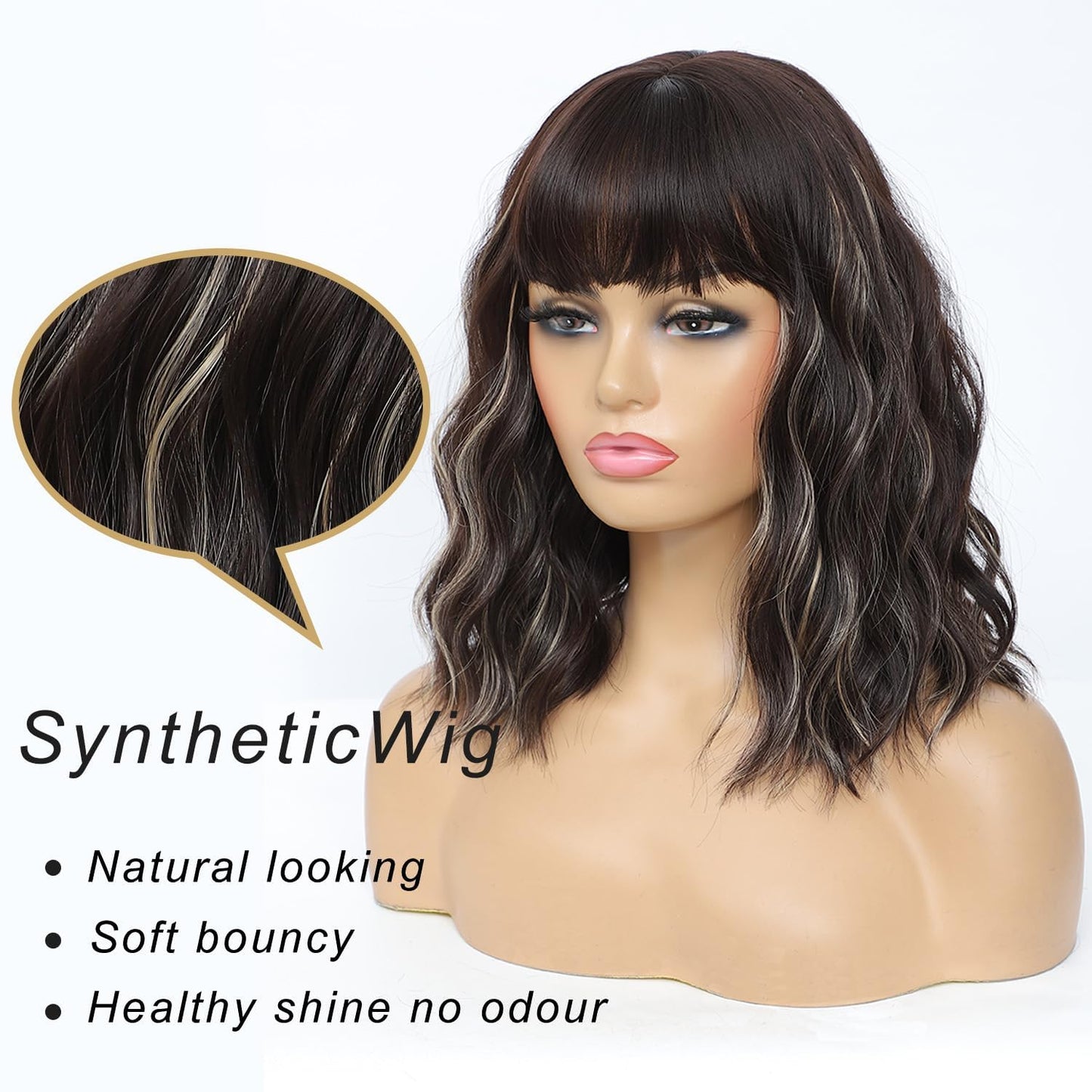 Veally Blonde Highlight Bob Wig with Bangs Short Brown with Blonde Wigs for Women Natural Looking Synthetic Heat Resistant Fiber Highlight Wig for Daily Party Use