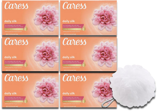 Caress Beauty Bar Soap Bundle with Bonus bath Sponge Loofah For Silky, Soft Skin Daily Silk With Silk Extract and Floral Oil Essence 3.75 oz (6)