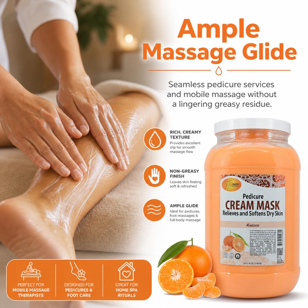 SPA REDI - Body and Foot Cream Mask, Mandarin, 128 Oz - Pedicure Massage for Tired Feet and Body, Hydrating, Fresh Skin - Infused with Hyaluronic Acid, Amino Acids, Panthenol, Comfrey Extract