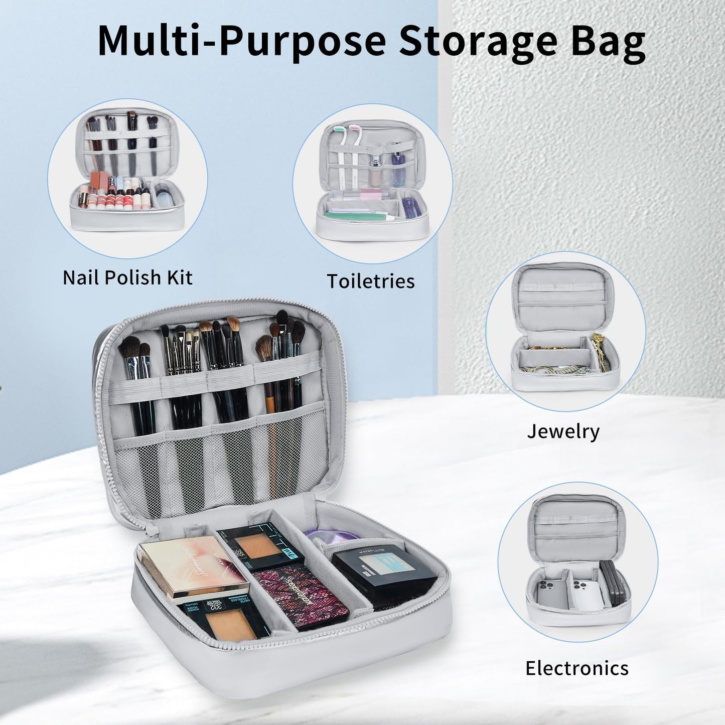 Cuteseason Puffy Quilted Silver Makeup Bag for Women, Large Waterproof Cosmetic Bag with Compartments, Travel Toiletry Organizer Pouch(Purple, L and M)