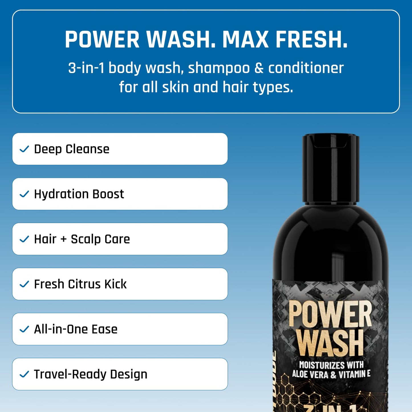 Derm Dude 3-in-1 Body Wash, Shampoo & Conditioner for Men | Daily Hydrating Shower Gel with Aloe Vera & Vitamin E | All Skin & Hair Types | Alpine Breeze Scent, 8oz