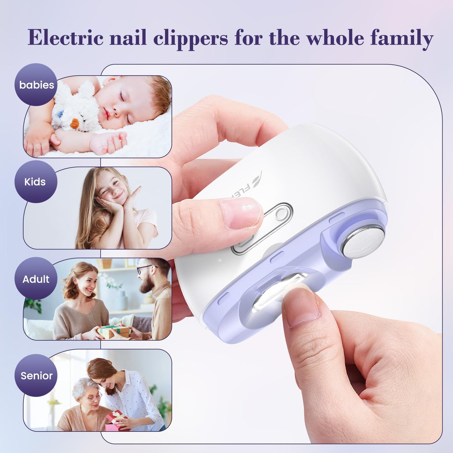 Electric 2-in-1 Nail Clipper & Polisher, 2-Speed Safe Fingernail Trimmer for All Ages, Rechargeable Automatic Nail Clipper with Light, Manicure Set for Baby Kids Seniors & Weak Hands, Purple