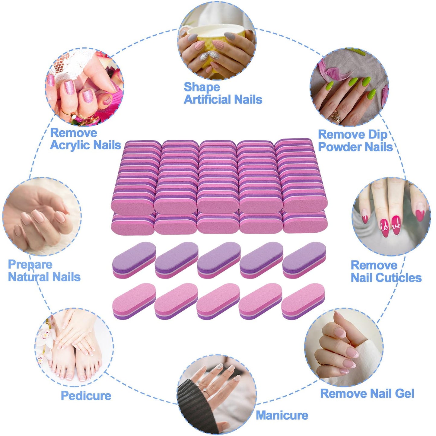 Mini Nail Buffer (100 Pack), Buffers for Acrylic Nails and Natural Nails, 100/180 Grit Nail Buffer Block Nail File Bulk Small Buffing Blocks for Nail Buff Professional Manicure Set Purple/Pink