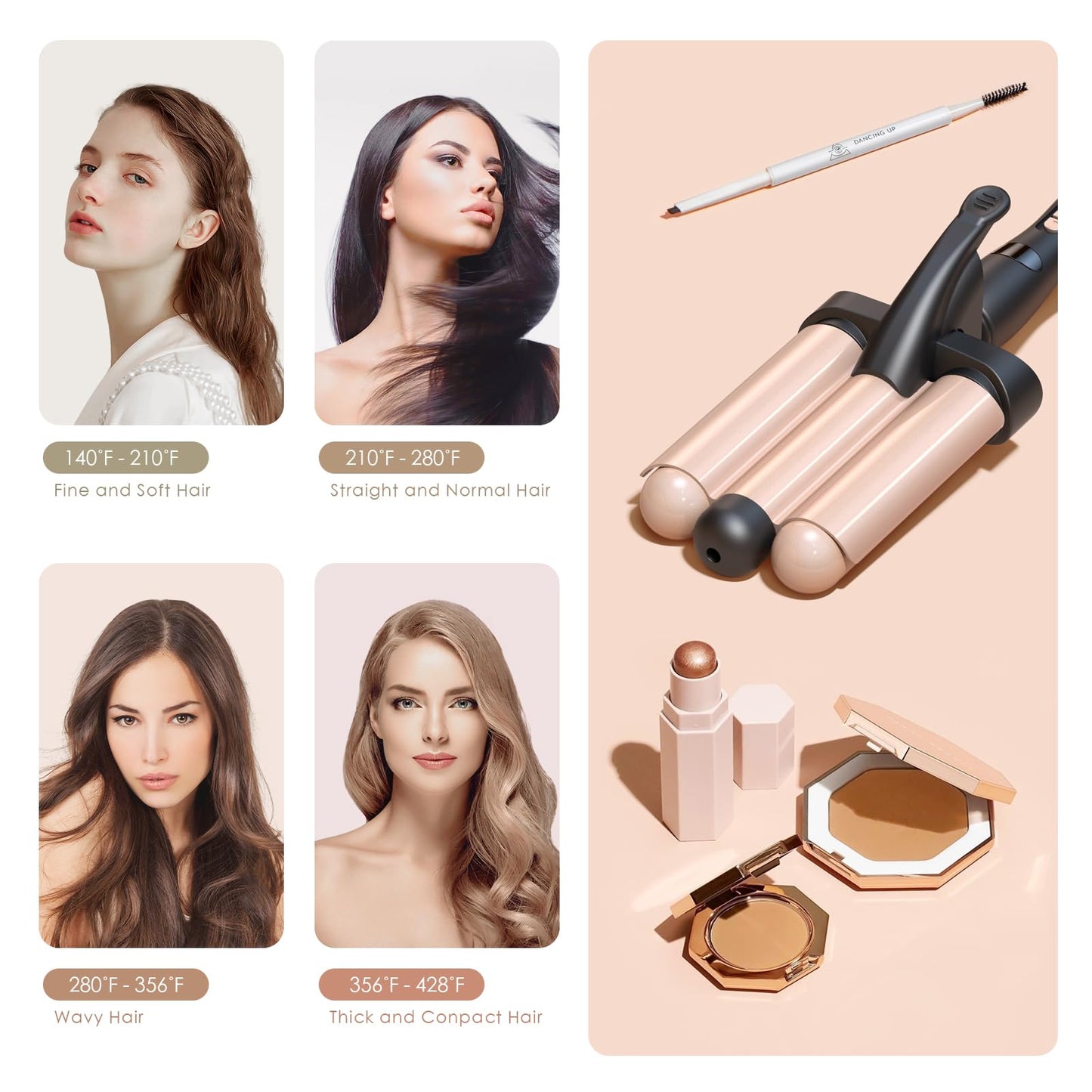 3 Barrel Curling Iron Wand, 1.25 Inch Ceramic Tourmaline Triple Barrels，Temperature Adjustable Portable Crimper Hair Iron for Beach Waves, Hair Waver Heats Up Quickly with LCD Temp Display（Rose Gold）