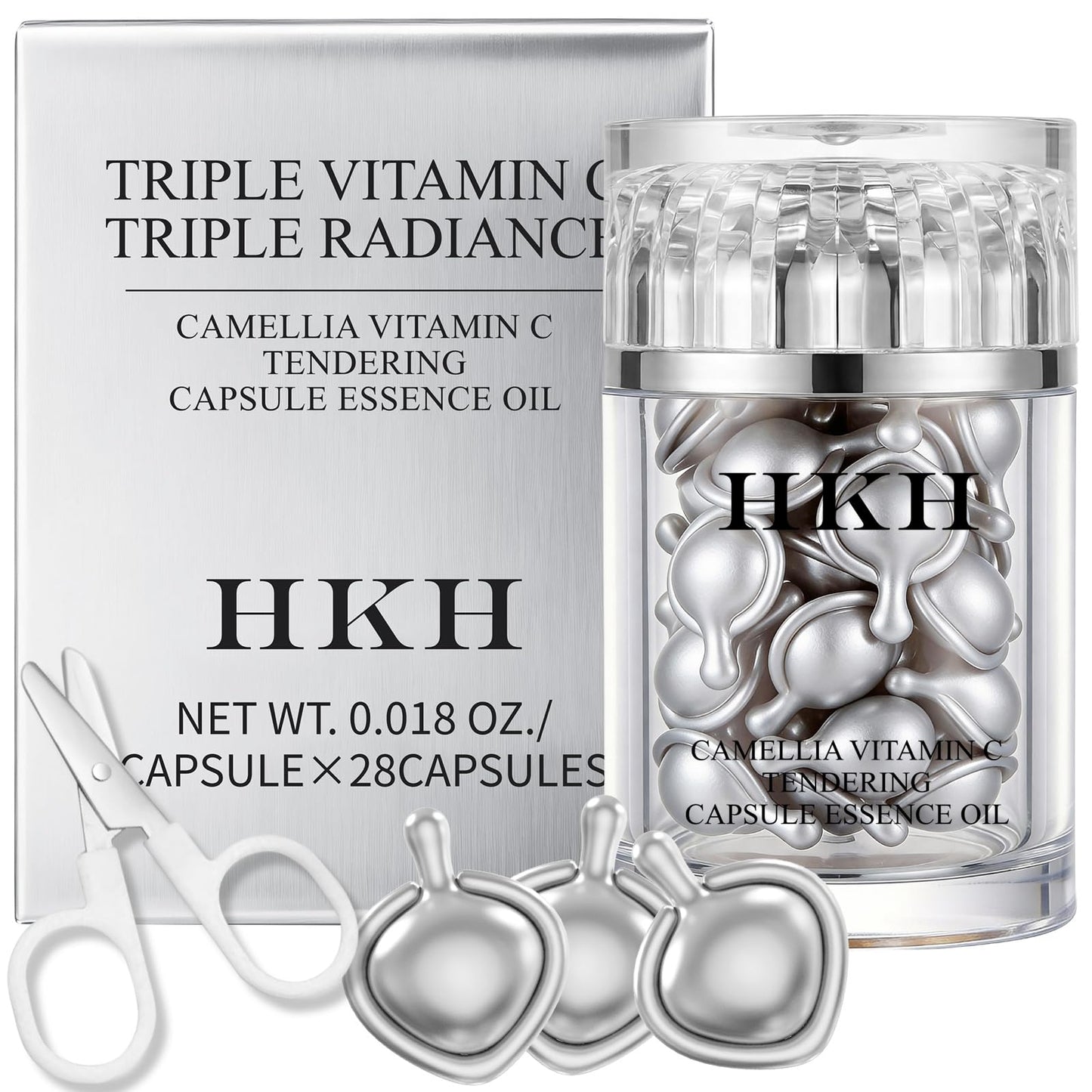 HKH Triple Vitamin C Serum Capsules for Face – 28 Capsules Dark Spot Corrector - Anti-Aging Skincare & Hydrating Vitamin C with Camellia Extract & Vitamin E - Smooths Fine Lines & Firms Skin