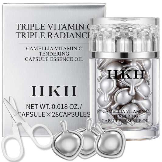 HKH Triple Vitamin C Serum Capsules for Face – 28 Capsules Dark Spot Corrector - Anti-Aging Skincare & Hydrating Vitamin C with Camellia Extract & Vitamin E - Smooths Fine Lines & Firms Skin