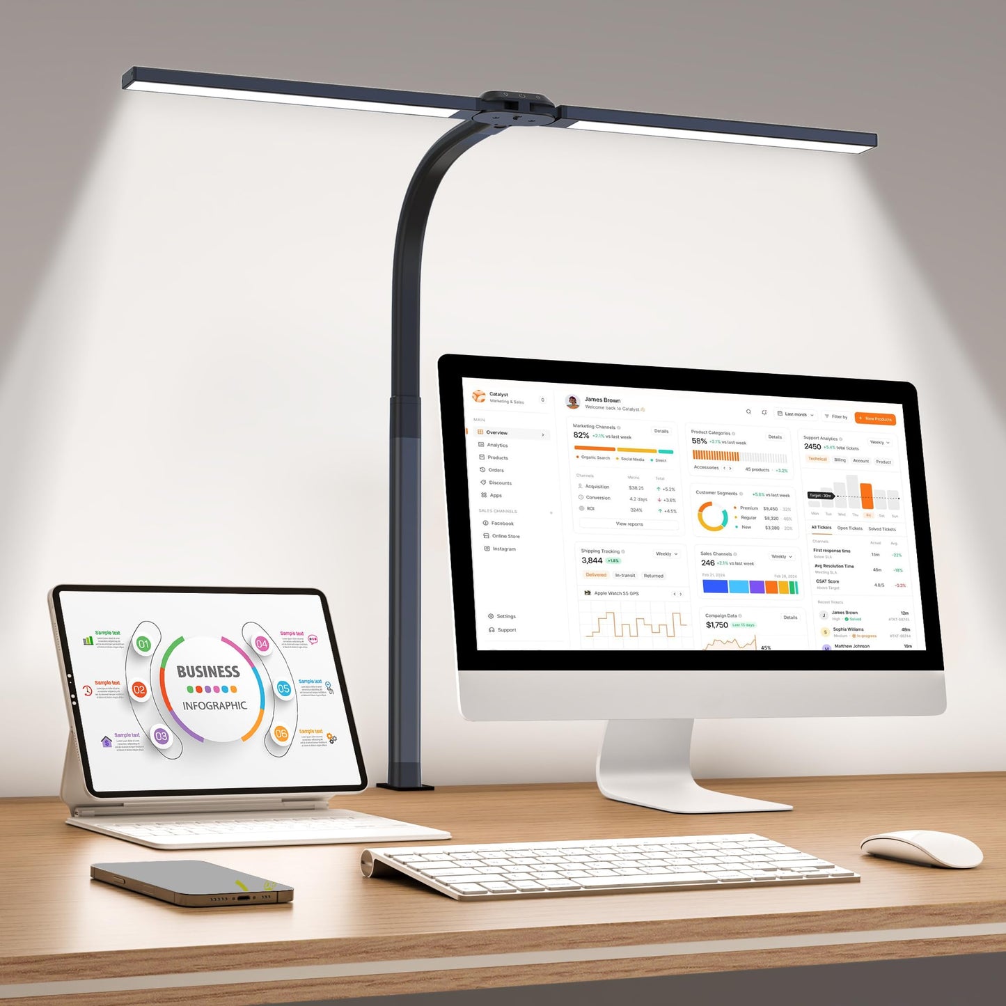 LED Desk Lamp for Home Office, Eye-Caring Desk Light with Clamp, 24W Double Head Architect Task Lamp Stepless Dimming, Flexible Gooseneck Bright Table Lamp for Study Reading Workbench Drafting