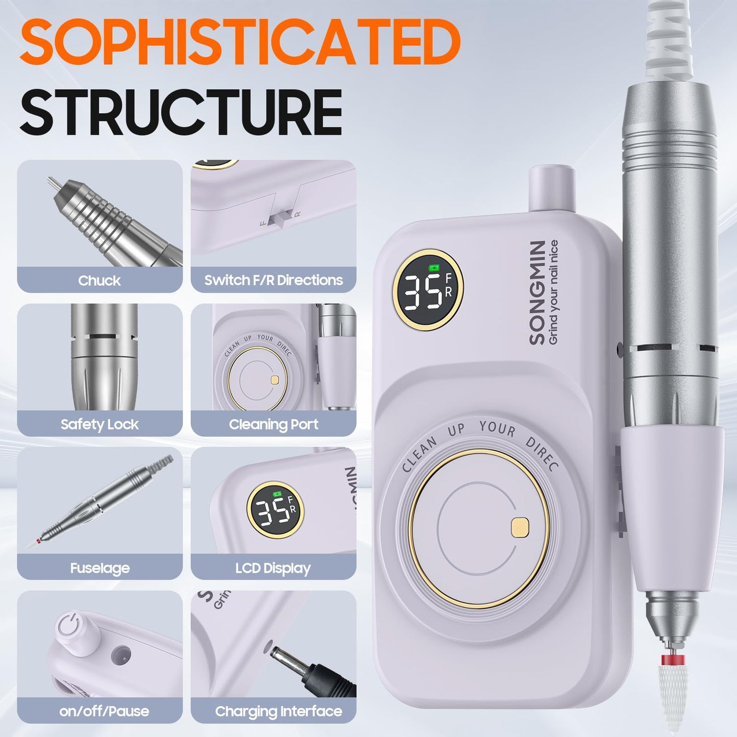 Professional Nail Drill 35000 RPM,SONGMIN Portable Cordless Efile with Bits Kit for Acrylic Nails Gel Polishing Removing,Rechargeable Electric Nail File Machine for Manicure,Pedicure Salon Home,Purple