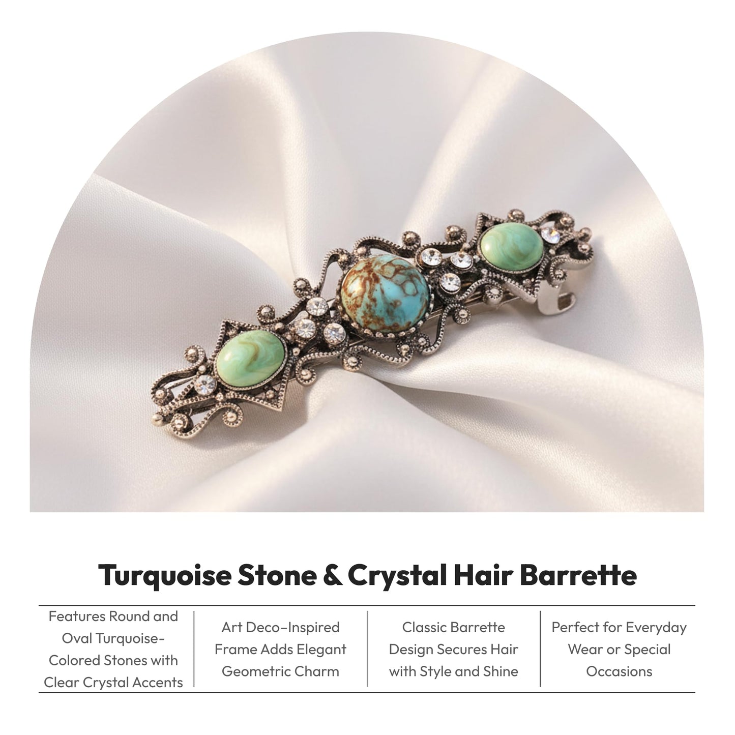 1928 Jewelry Turquoise Color Stones Crystal 2.95 Inch Hair Barrette Clip For Women, (1 Pcs)