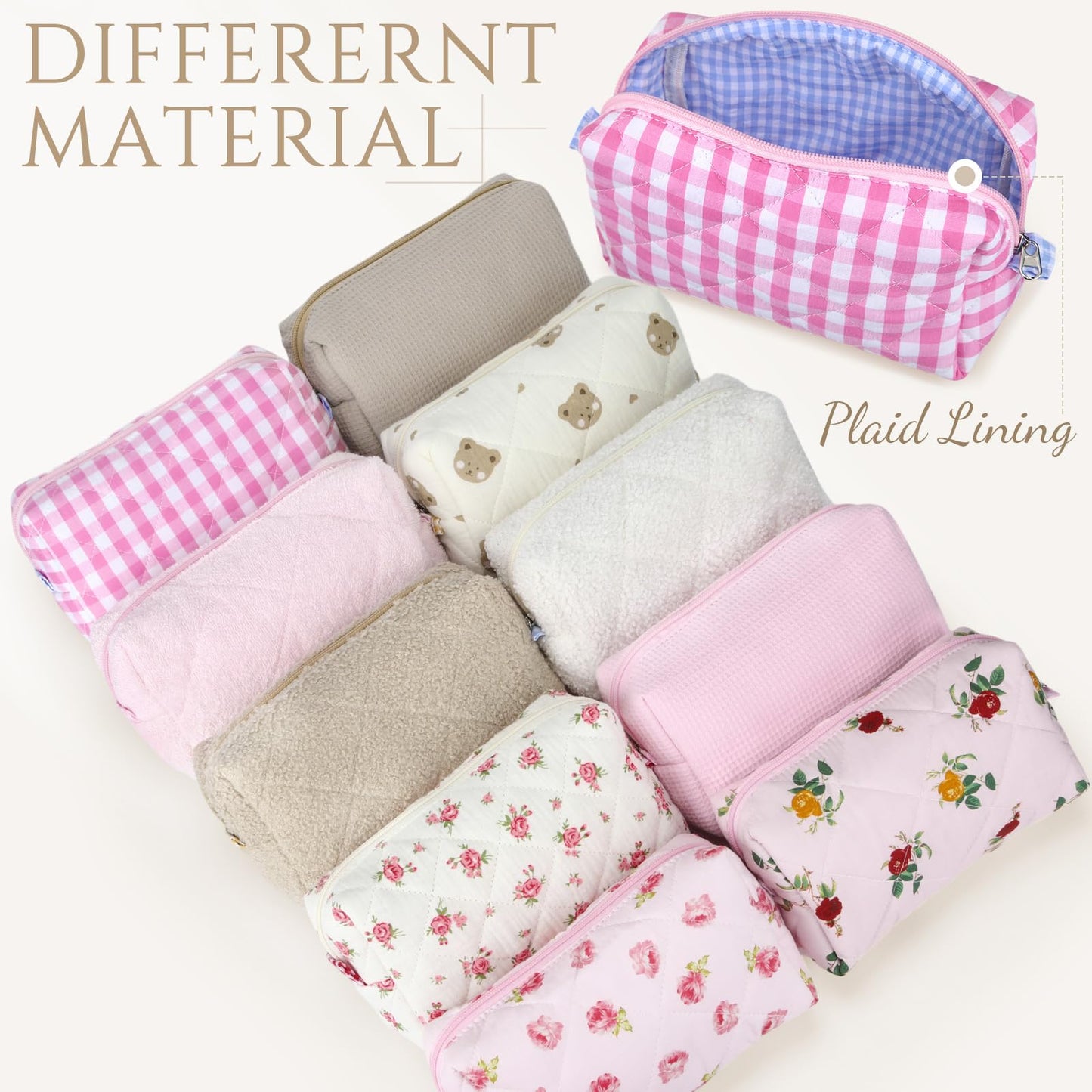Paterr 10 Pcs Quilted Makeup Bag Bulk Cotton Floral Cosmetic Bag Women Girls Bridesmaid Gifts Cute Makeup Pouch Coquette Aesthetic Travel Toiletry Organizer(Beige Floral,7.87 x 4.72 x 3.15 Inches)