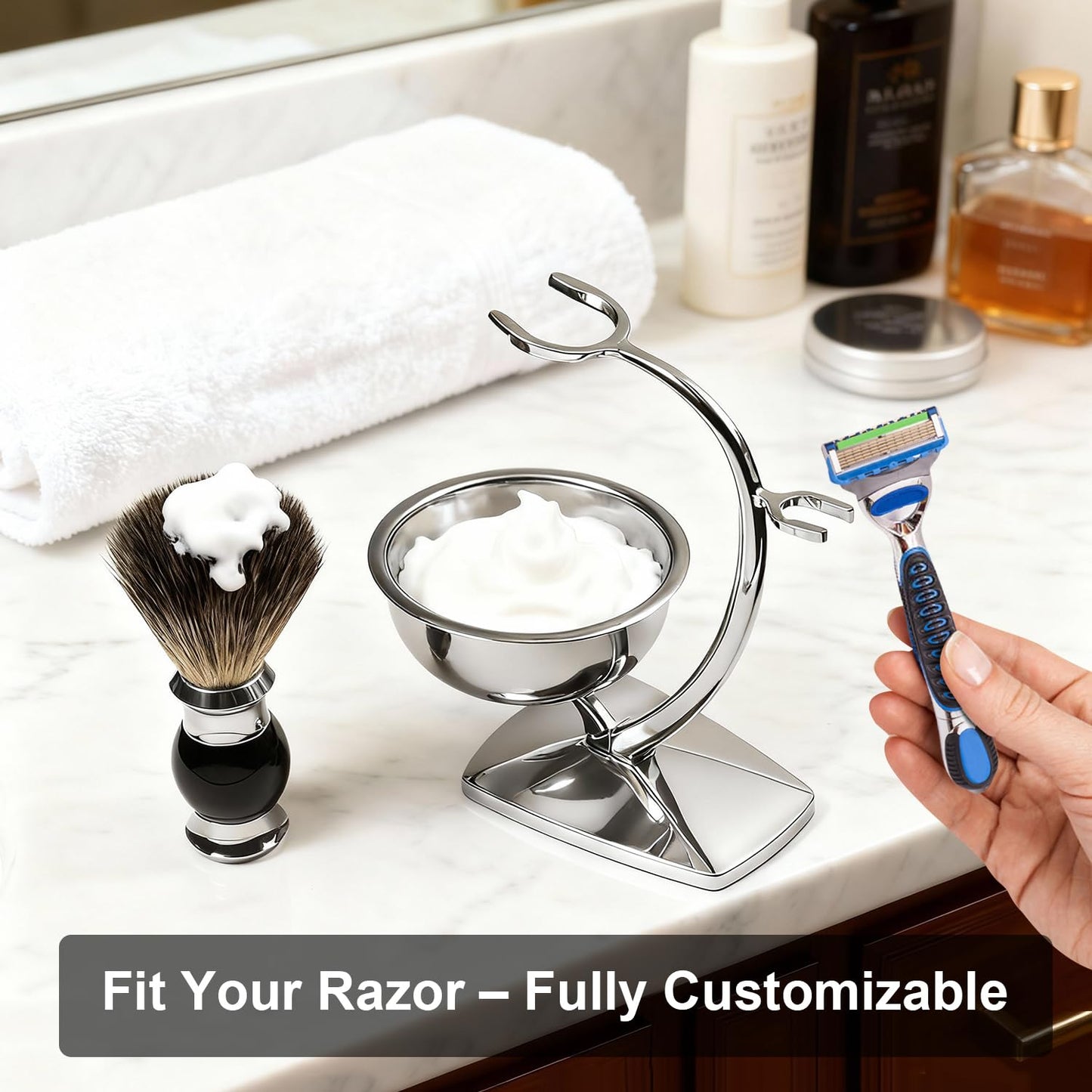 Shaving Bowl Set - 3-Piece Magnetic Base with Chrome Stand & Synthetic Brush | Razor Not Included
