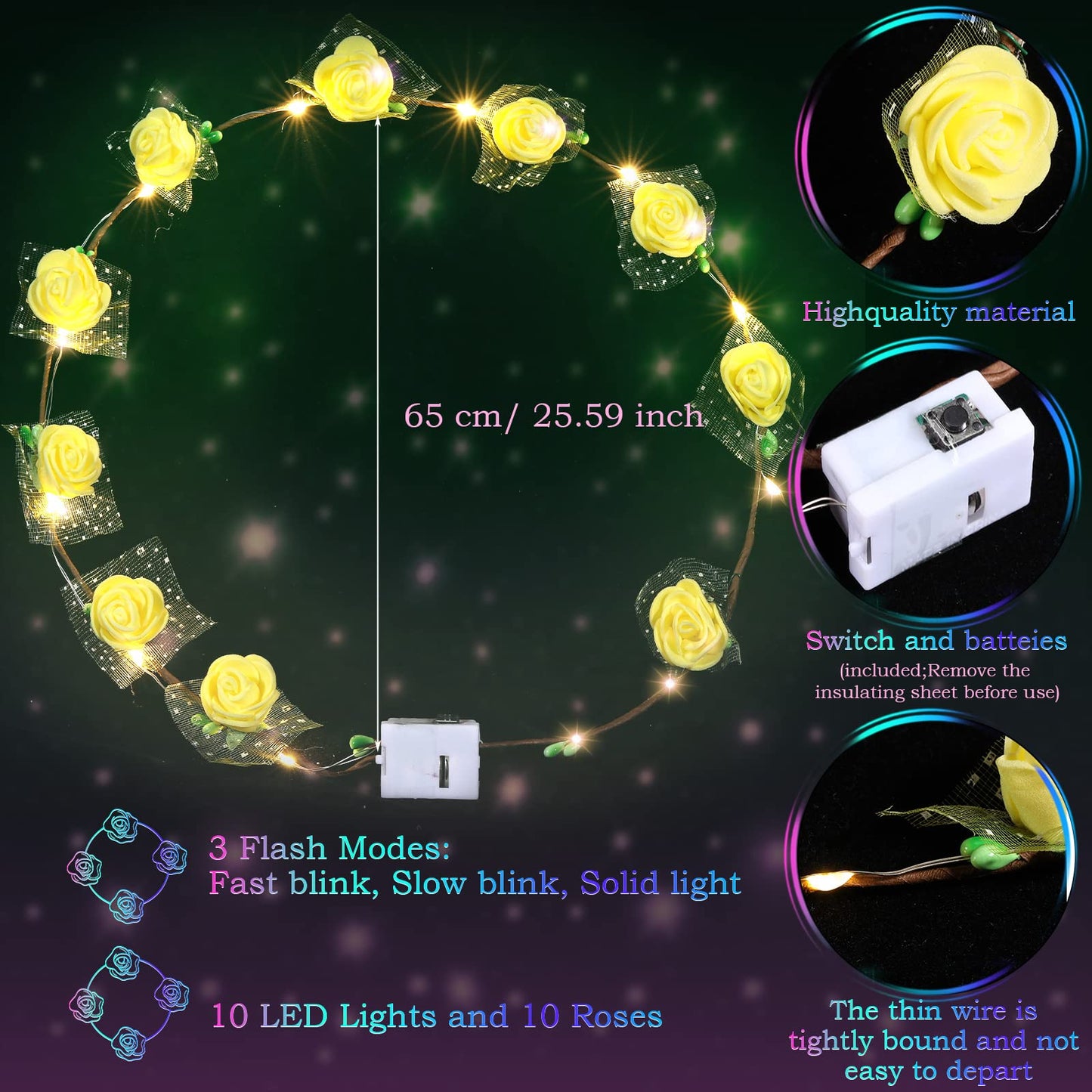 Chumia 50 Pcs LED Flower Crowns Headbands Light up Flower Wreath Garlands Glow in The Dark Floral Headpiece Hair Accessories for Women Mardi Gras Birthday Cosplay Holiday Wedding Princess Party