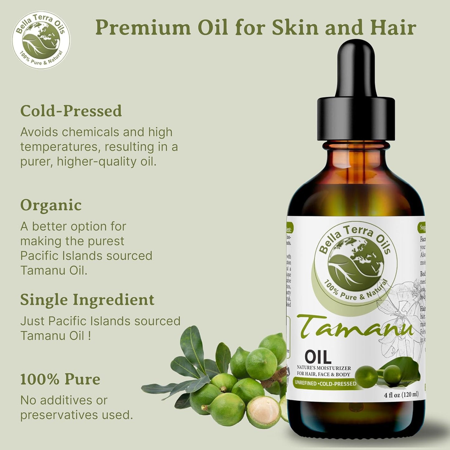 Bella Terra Oils - Natural Tamanu Oil 8 oz - Treasure Chest of Skin Nourishment, High in Vitamin E & Fatty Acids, Enhance Your Skin's Natural Glow