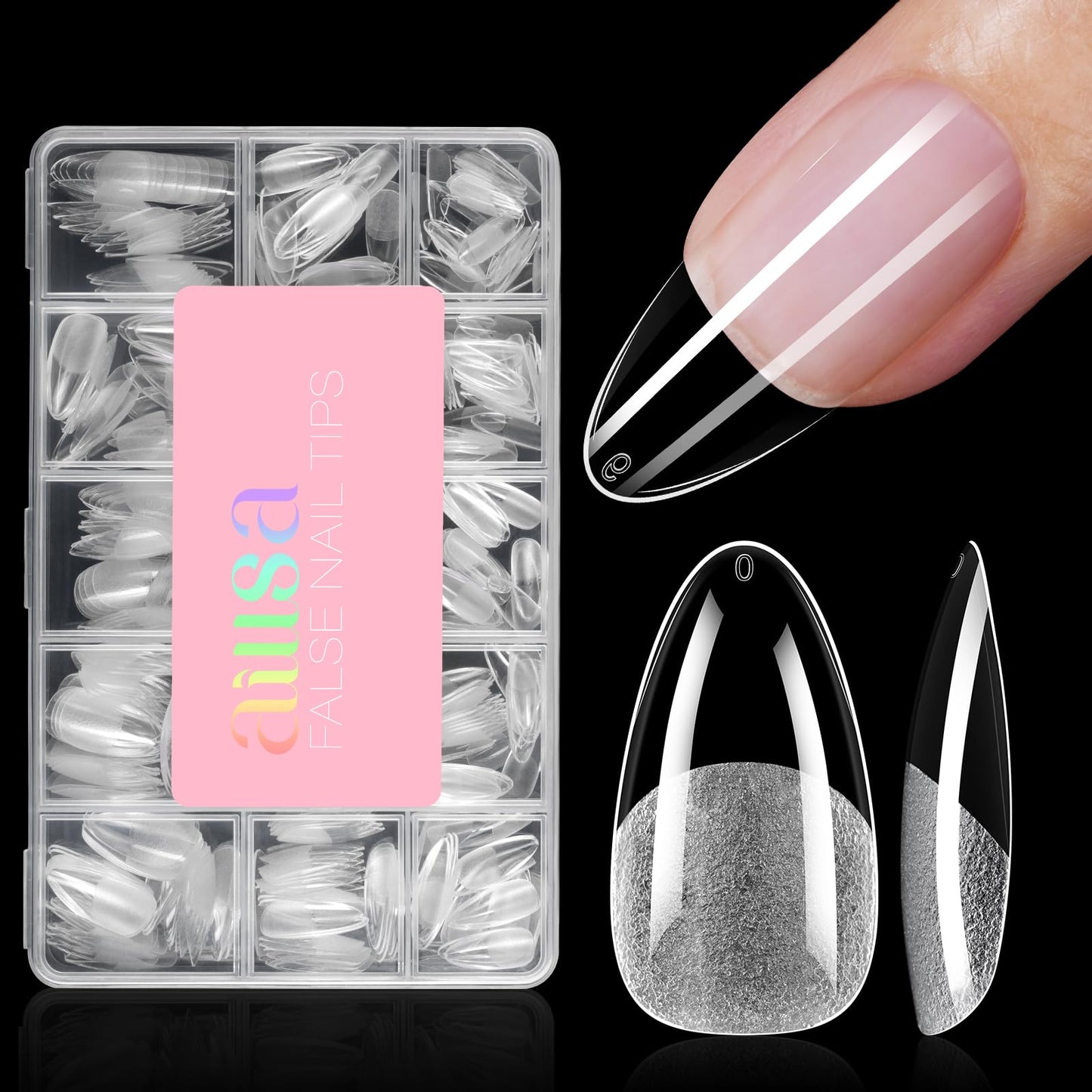 AILLSA Medium Almond Shaped Nail Tips - 15 Sizes 450pcs Acrylic Nails Tip Full Cover Half Matte Nails Tips Press on Nails for DIY Home Salon