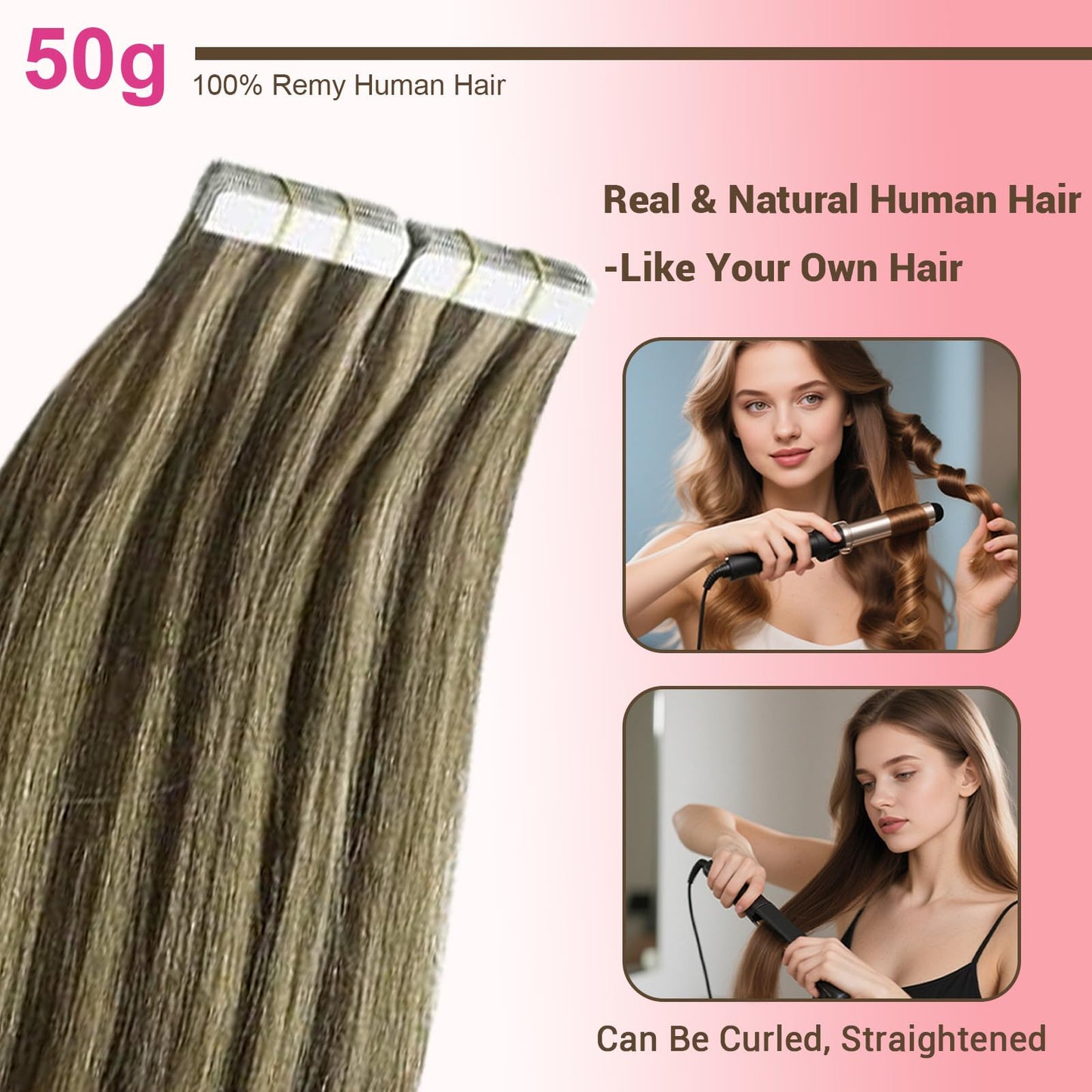 GEELOOK Tape in Hair Extensions Human Hair 20 inch Skin Weft Tape in Straight Thick Natural Hair Extensions with 12 Pieces Replacement Tape 20pcs 50g Chocolate Brown/Light Blonde #4/27