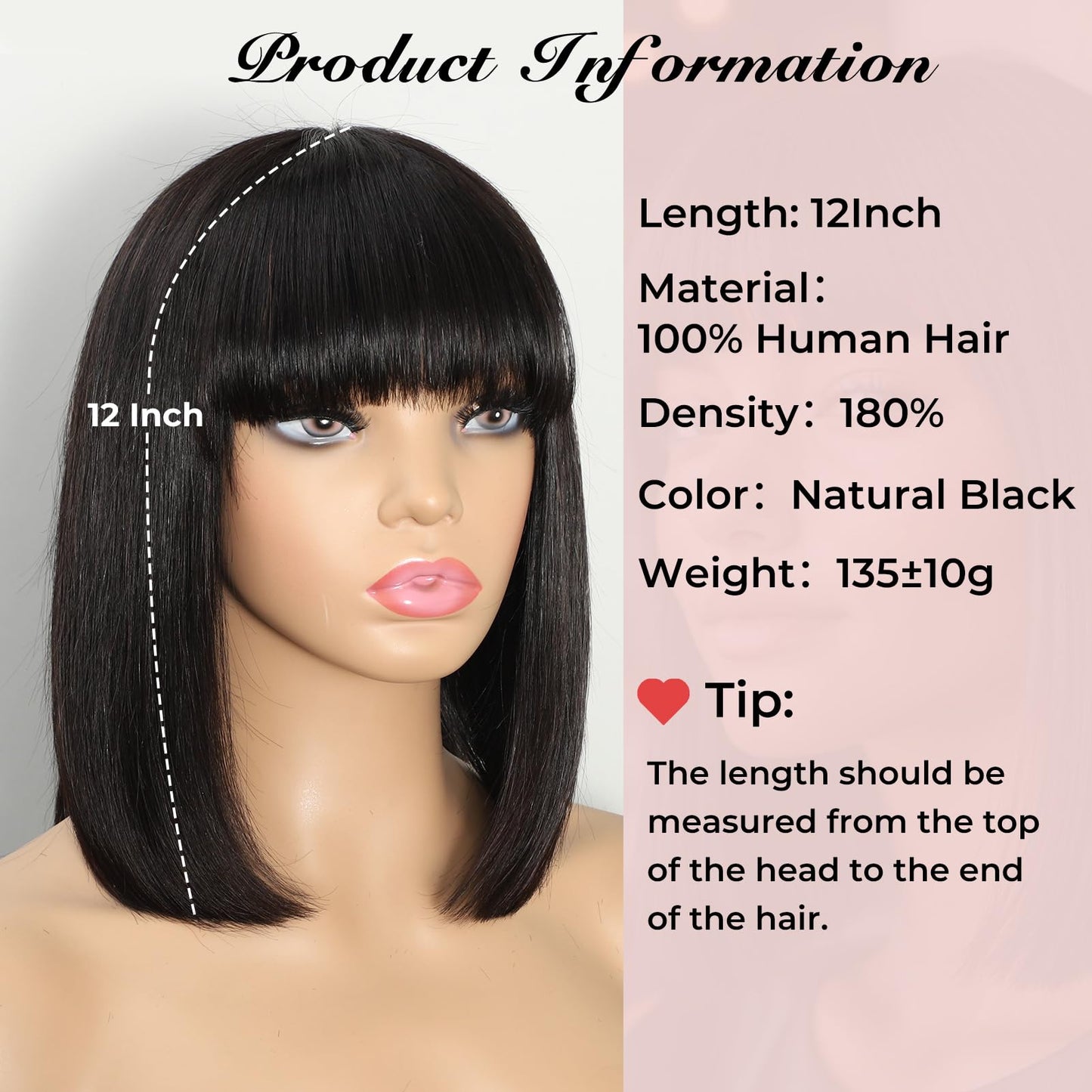 KEPWIN Bob Wig with Bangs Human Hair Wig 2x1 Closure Transparent Lace Bob Glueless Wigs Human Hair Short Wigs Straight Wigs for Black Women Wear and Go Natural Black 180% Density 10Inch