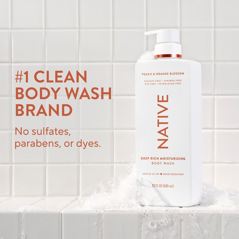 Native Peach & Orange Blossom Scent 24-Hour Moisturizing Bodywash for Women & Men, Clean & Gentle, for Dry or Sensitive Skin, Keeps Skin Healthy & Smooth, Free of Sulfates, Cruelty-Free, 22 oz
