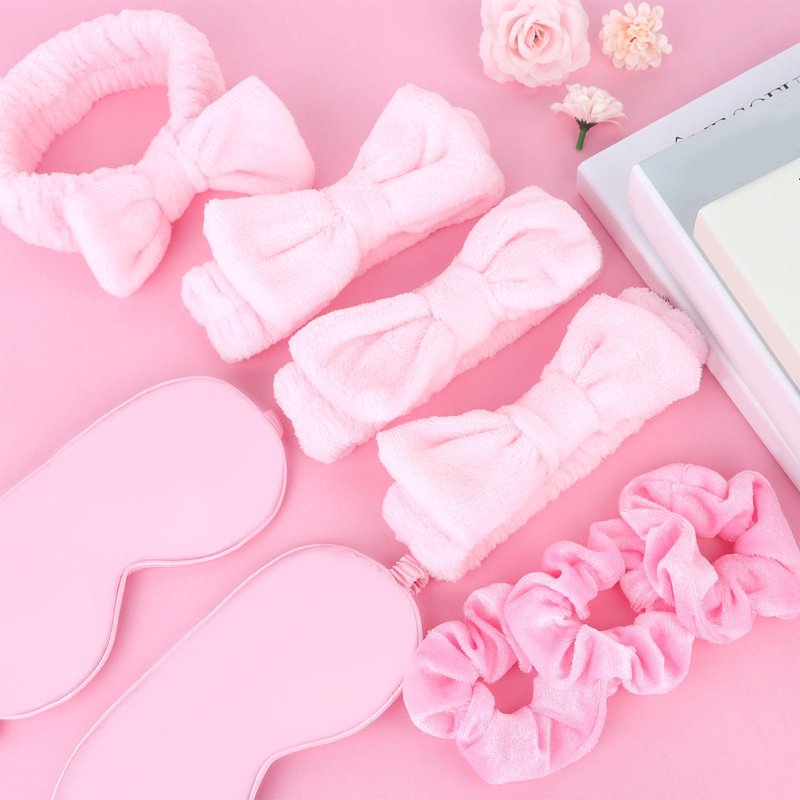 WHAVEL 18 Pcs Sleepover Party Supplies for Girls - Pink Party Favors Include 6 Spa Headband, 6 Silk Eye Mask and 6 Velvet Scrunchies for Spa Birthday, Bachelorette, Slumber (Pink)
