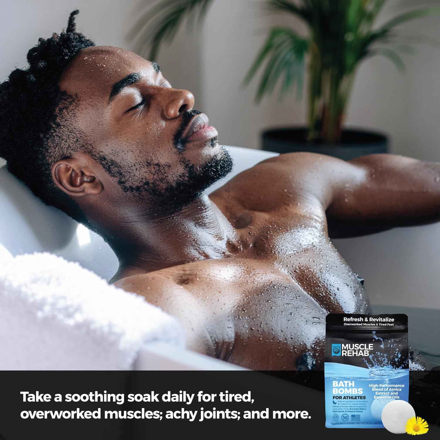 Muscle Rehab Epsom Salt Bath Bombs with Arnica (4 Pack) | Magnesium Recovery Soak for Sore Muscles, Post-Workout Relief & Relaxation | Eucalyptus, Turmeric & Clary Sage Essential Oils