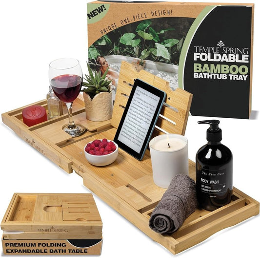 Temple Spring Foldable Bamboo Bathtub Tray Caddy for Tub — Expandable One-Piece Wood Bath Table with Wine Holder Book Stand and Non-Slip Pads — Space-Saving Bath Caddy — Housewarming