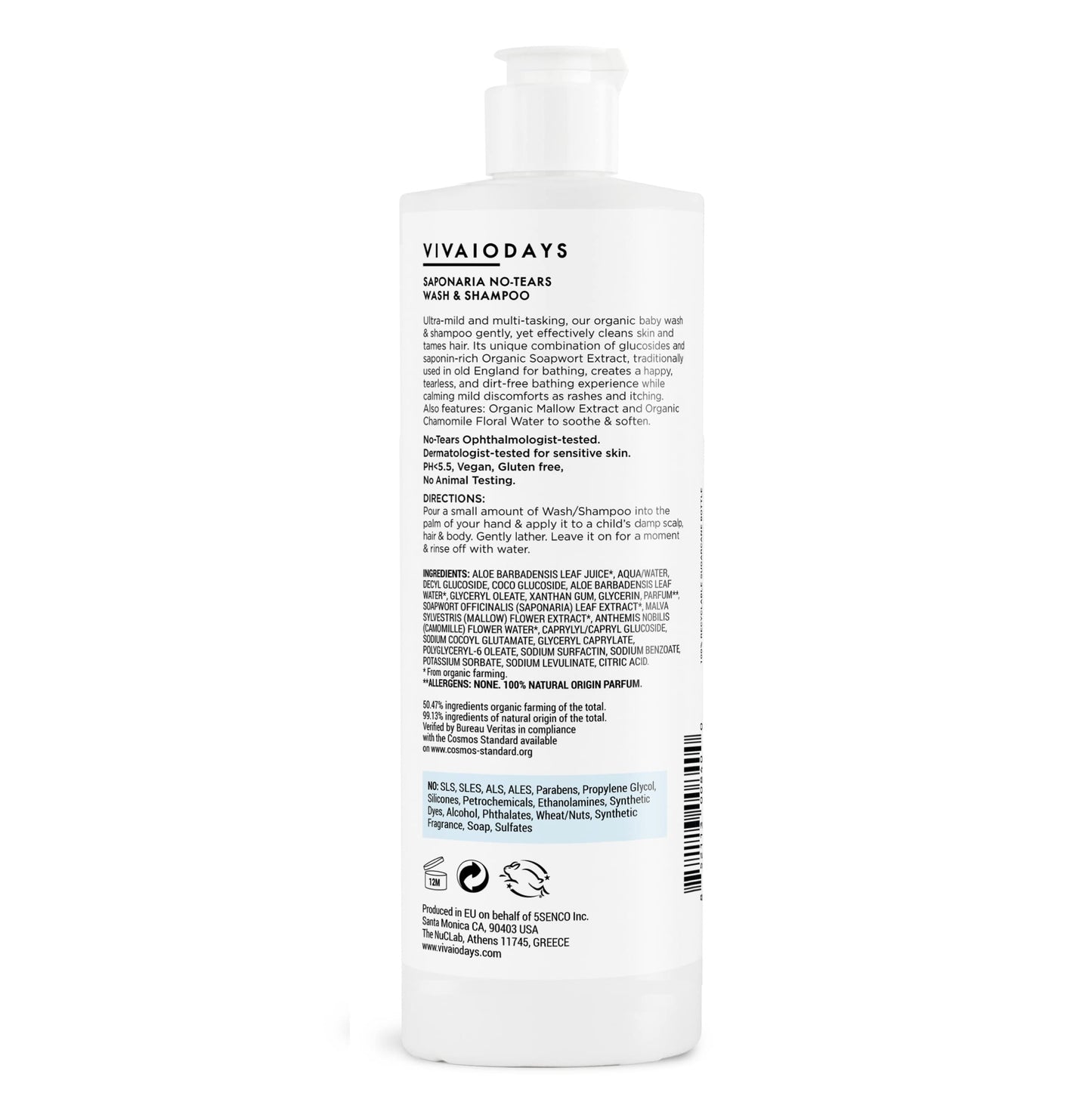 VIVAIODAYS Organic Saponaria No-Tears Wash & Shampoo, Mild, Gentle and Soap Free 15.2 fl.oz.| 450 ml