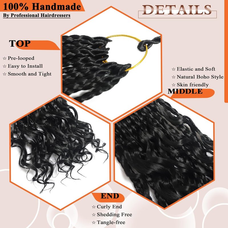 Goddess Box Braids Crochet Hair - 9 Packs, 14 Inch Pre-Looped with Curly Ends | Bohemian Style 1B