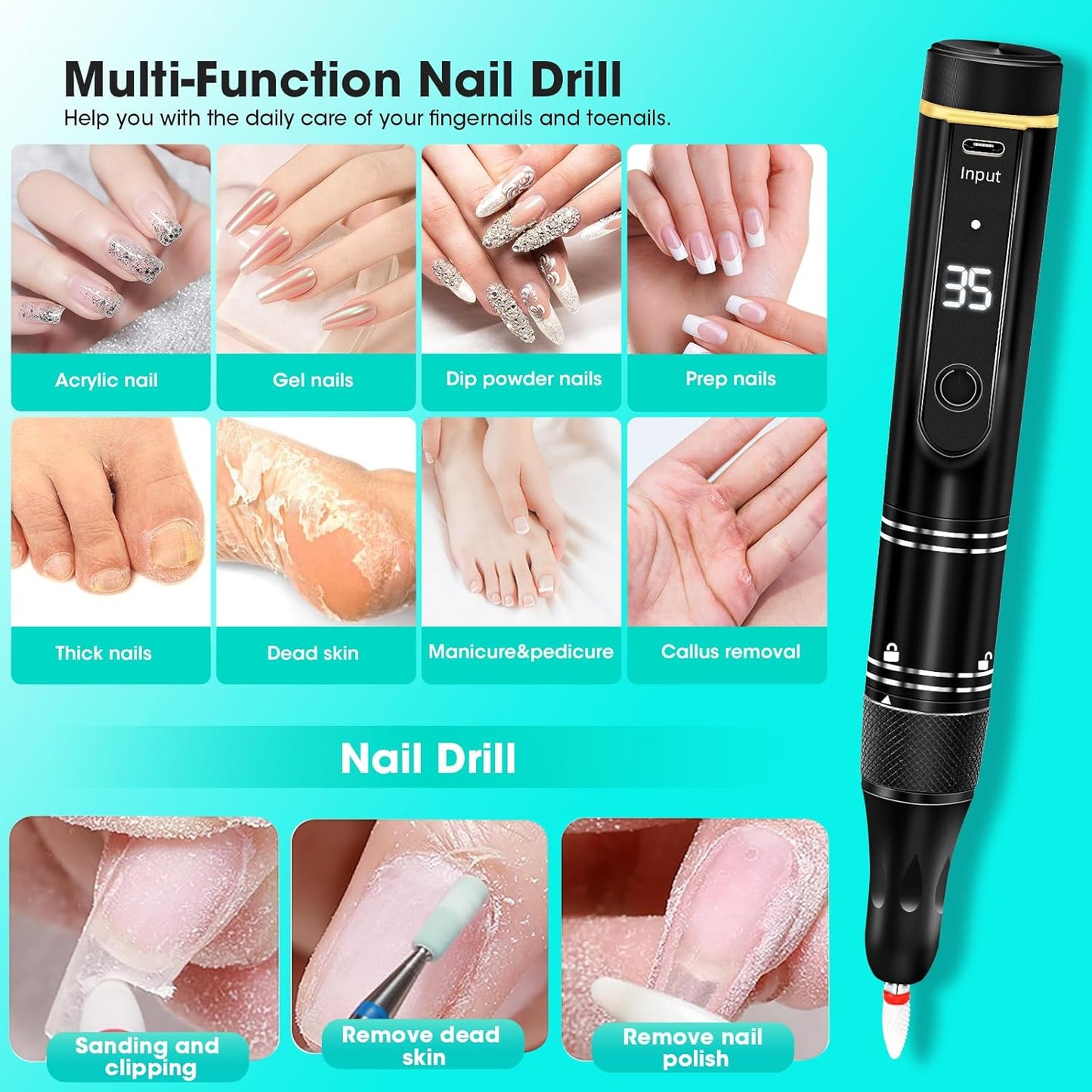Cordless Nail Drill - 35000RPM Rechargeable Electric Nail File Kit for Acrylic Gel Nails | Professional Manicure & Pedicure Tool