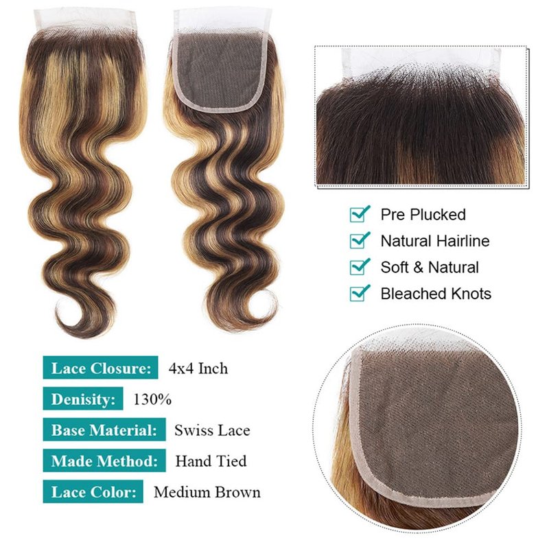 Isufer Highlight Lace Closure Human Hair Pre Plucked With Baby Hair 4/27 Closure Body Wave Brown To Honey Blonde Two Tone Closure Human Hair 4X4 Free Part Bleached Knots Brazilian Virgin Hair 10 Inch