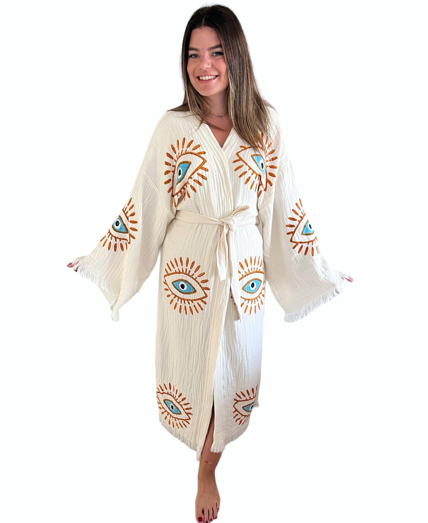 Handmade Evil Eye Kimono - Women Beach Cover Up - Festival Bohemian Robe - Boho Cotton Cardigan - Dressing Gown (Gold Eyes)