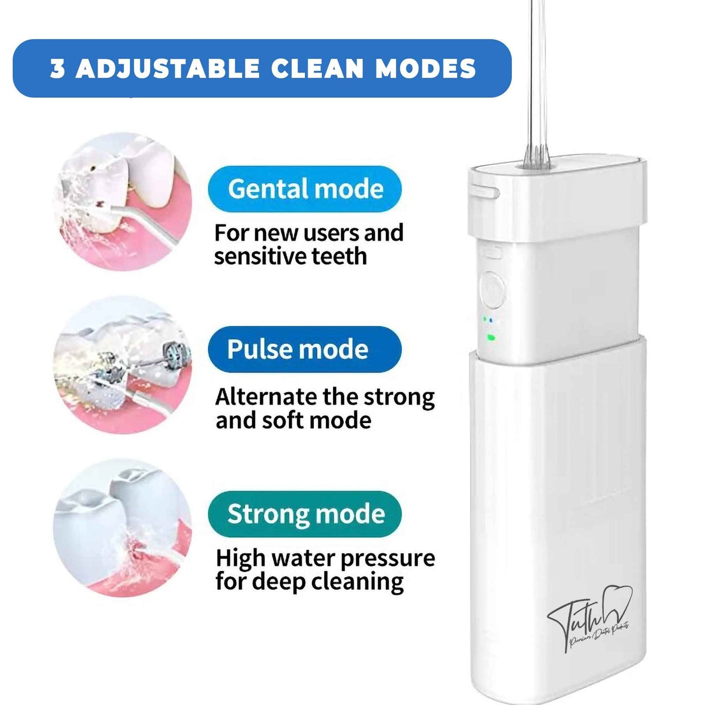 Tuth Premium Dental Products Water Flosser - Portable Oral Irrigator with 4 Interchangeable Tips - Gum, Tongue, Teeth Cleaner with 3 Jet Settings - Travel Friendly, IPX7 Waterproof, 4-Hour Charge Time